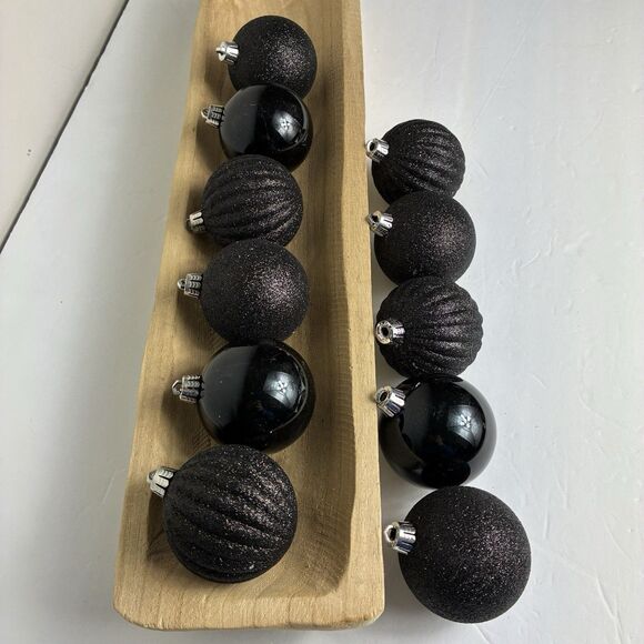 11 Pc Black Mix Solid Glitter Shatterproof Dark Christmas Ball Ornaments 3” - Picture 2 of 4